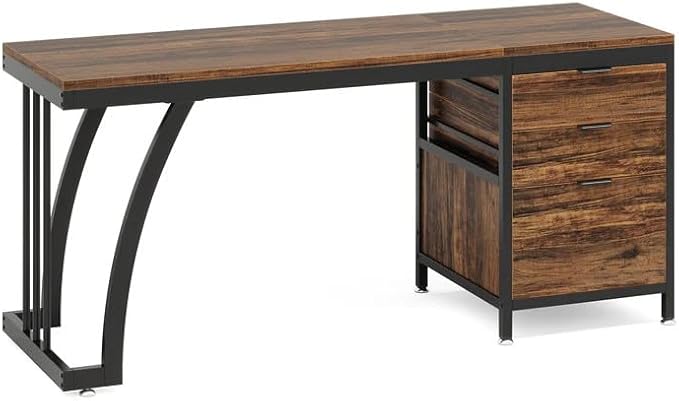 Computer Desk with 5 Drawers 47 Inch Reversible Executive Office Desk with File Storage Drawers Industrial Study Writing Table Corner Desk for Home Office (Black+Brown)