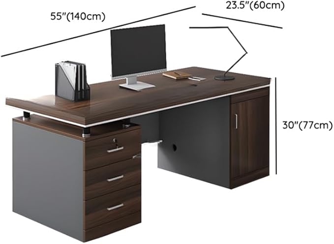 LITFAD Wood Office Computer Desk with Cabinet Locking Drawer and Cord Management Modern Executive Desk Simple Writing Desk Home Office Furniture Without Chairs 55 L x 24 W x 30 H Brown