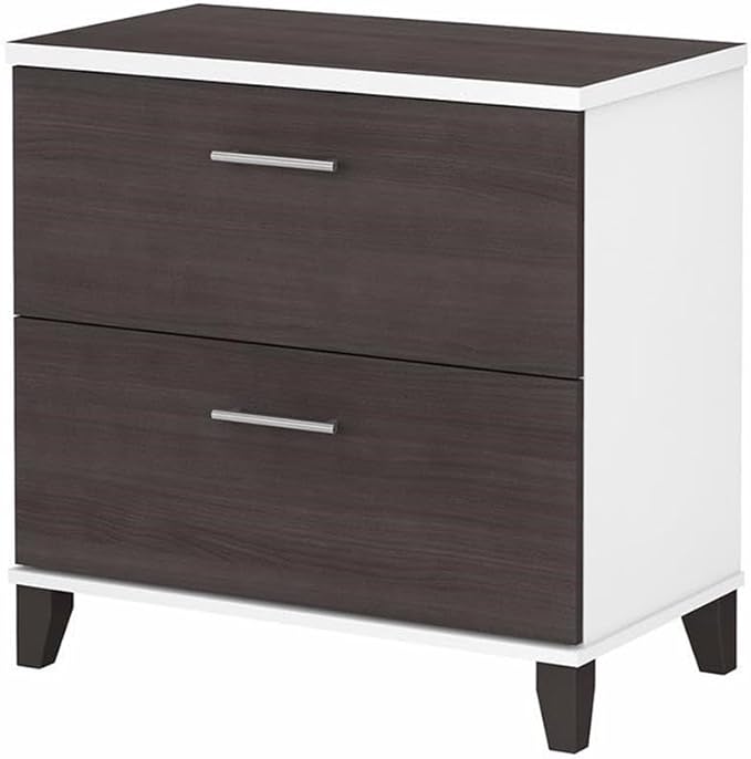 Pemberly Row 2 Drawer Wood Lateral File Cabinet White and Storm Gray Finish 30W x 17D x 29H Full-Extension Ball Bearing Slides Transitional Style Home Office Storage Furniture for Documents