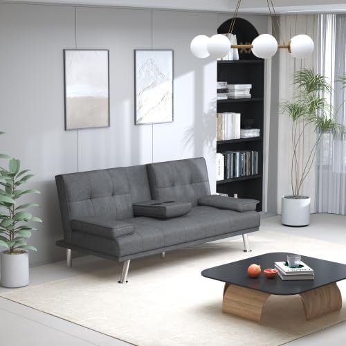 Anwick Futon Sofa Bed Modern Folding Couch for Small Space Linen Convertible Loveseat Sleeper Bed Daybed Recliner Lounge Sofas for Living Room2 Cup HoldersMetal LegsRemovable Armrests (Dark Gray)