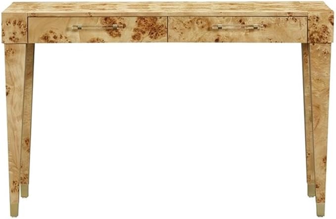 Pemberly Row Contemporary Acacia Burl Work Desk Natural Finish Handmade Furniture Brass Tipped Legs Fully Finished Back Rustic Home Office Desk Textured Acacia Wood