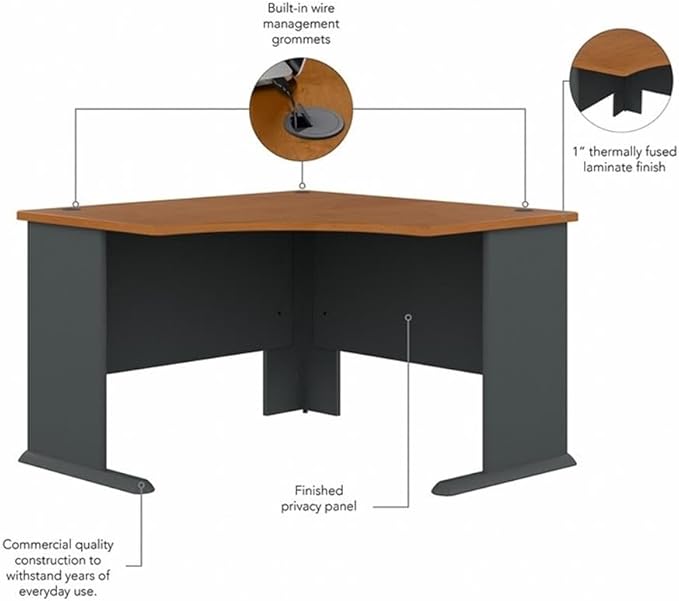 BOWERY HILL 48 Corner Desk Engineered Wood with Thermally Fused Laminate Natural Cherry and Gray Finish Curved Work Area with Wire Management Adjustable Feet Transitional Design for Home Office