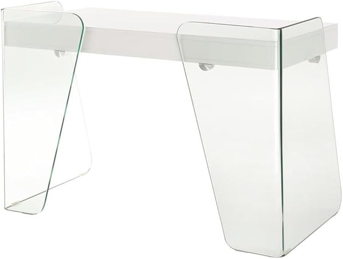 Pemberly Row Modern Engineered Wood Office Desk 47 W x 23 D x 31 H High Gloss White 2 Soft-Close Drawers Clear Glass Detail Contemporary Home Office Desk for Workspace Organization