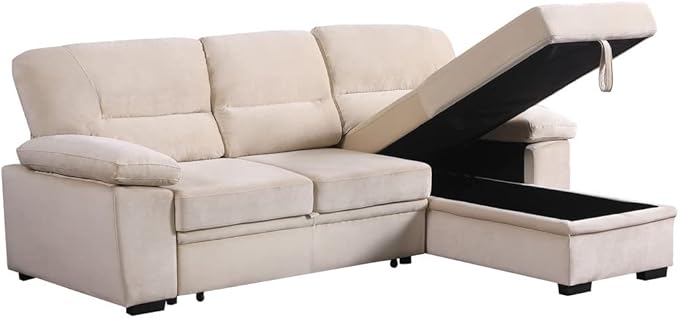 Lilola Home Kipling Beige Velvet Fabric Reversible Sleeper Sectional Sofa Chaise