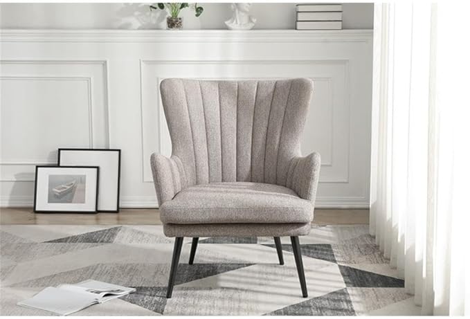 Pemberly Row Accent Chair 28 Wide Cappuccino Fabric Gray Legs Kiln-Dried Hardwood Frame Vertical Channel Tufting Tall Tapered Design Mid-Century Modern Style Living Room or Family Room