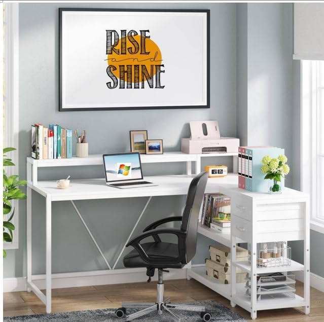 47'' L Shaped Gaming Desk with Power Outlets Reversible Corner Computer Desk with Monitor Stand Storage Shelves Side Bag Home Office Desks for Home Office Gaming (White 55 Inch)