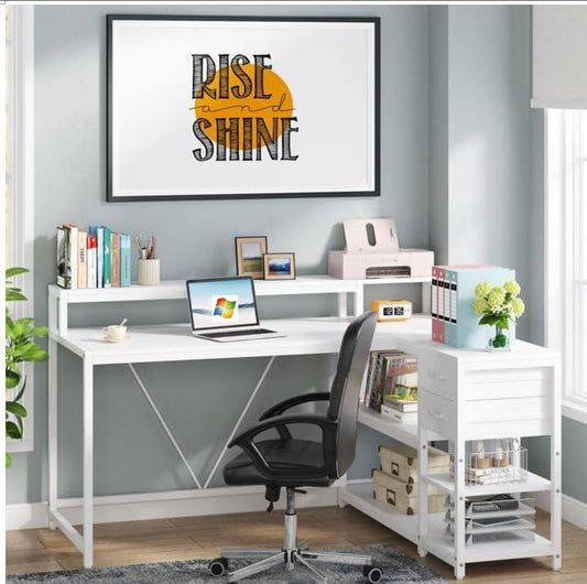 47'' L Shaped Gaming Desk with Power Outlets Reversible Corner Computer Desk with Monitor Stand Storage Shelves Side Bag Home Office Desks for Home Office Gaming (White 55 Inch)