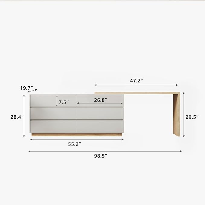L-Shaped Desk with 6 Drawers Extendable from 56 to 98.5 Corner Desk Writing Desk Study Desk Vanity Desk Ideal for Gaming Home Office or Makeup White