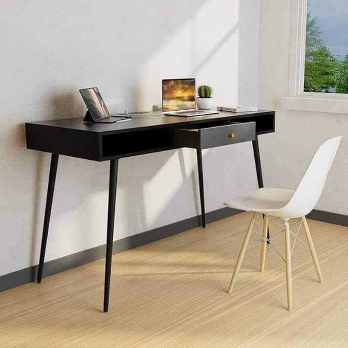 JUSTONE 47 Computer Desk for Home Office - Modern Study Desk with Built-in USB Ports &amp Power Outlet - Multi-Functional Writing Desk/Makeup Vanity - Industrial Two-Tone Black Oak &amp Dark Grey F