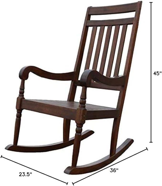 BOWERY HILL Wooden Slat Rocker Solid Hardwood Construction Elm Finish Weatherproof Contoured Back and Arms 36 in D x 23.5 in W x 45 in H Durable Indoor/Outdoor Seating for Living Room or Patio