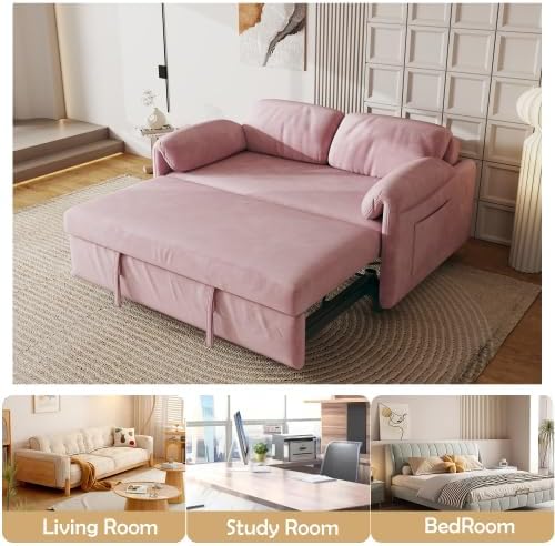 54'' Corduroy 3-in-1 Convertible Sofa Bed Pull Out Sleeper Loveseat Couch with USB Ports &amp Storage Pockets Futon Couches for Small Space Living Room Apartment (Pink)
