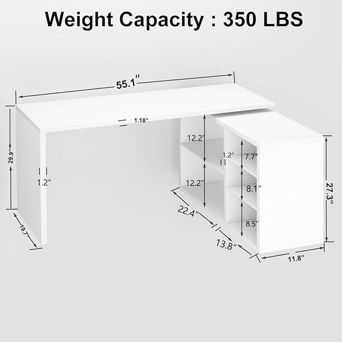 HSH White L Shaped Desk with Shelf Reversible Modern Home Office Desk Workstation L Shape Computer Desk with Storage Cabinet Drawer Industrial Wood Corner Table for Work Study Writing Gaming 55 In