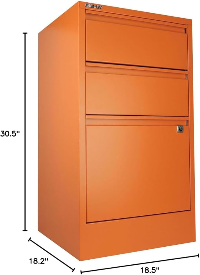 3-Drawer Flush Front Vertical File Cabinet - Bisley Orange 2 Utility Drawers + 1 Hanging File Drawer Powder-Coated Steel Locking Bottom Drawer by Bisley