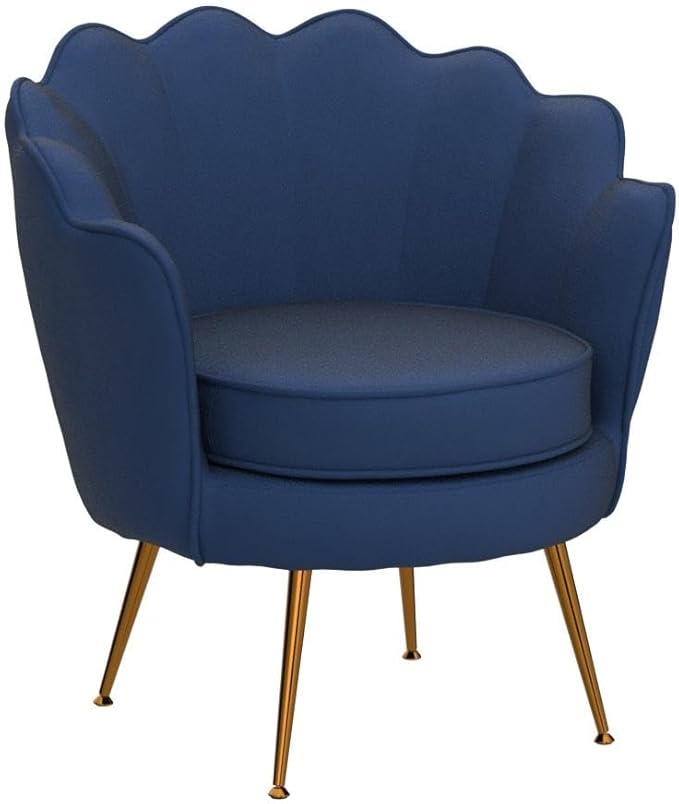 Velvet Barrel Accent Chair with Scalloped Silhouette and Gold Metal Legs Decorative Piece Suitable for Traditional Modern and Contemporary Spaces Navy Blue