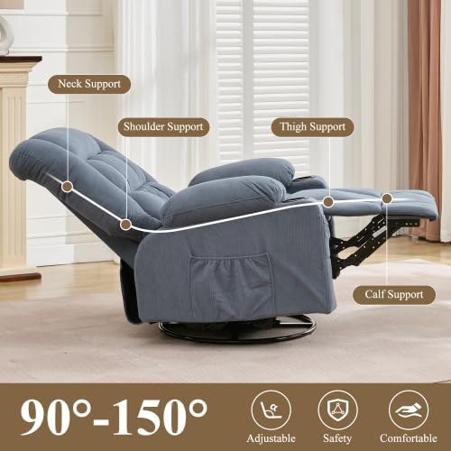 Oversized Recliner Chair for Adults w/ 8-Point 3D Kneading Massage and Lumbar Heating Swivel Rocker Recliner w/USB Charge Port for Living Room Ergonomic Lazy Boy Single Sofa Chair (Blue)