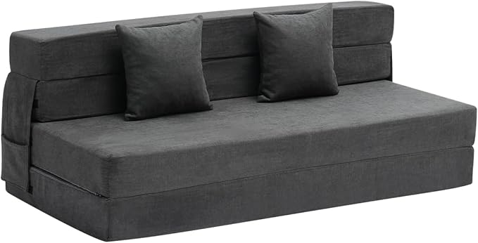 VEVOR Folding Sofa Bed 3-in-1 Foldable Couch Bed with 2 Pillows and Washable Cover 25D High Density Memory Foam Convertible Sleeper Chair Bed Futon Couch for Living Room Bedroom Dark Grey(Queen)