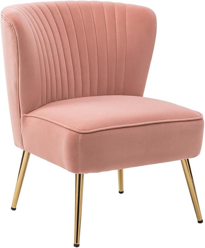 TINA'S HOME Monica Velvet Armless Side Chair Set of 2 Upholstered Accent Chair Comfy Living Room Chair with Golden Legs Wingback Mid Century Slipper Chair for Bedroom Guest Room- Blush Pink