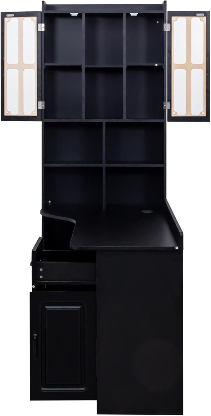 L Shaped Computer Desk with Hutch and Bookshelf Home Office Gaming Corner Desk with Drawers and Storage Shelves for Writing Work Bedroom Living Room Black (Style-09)