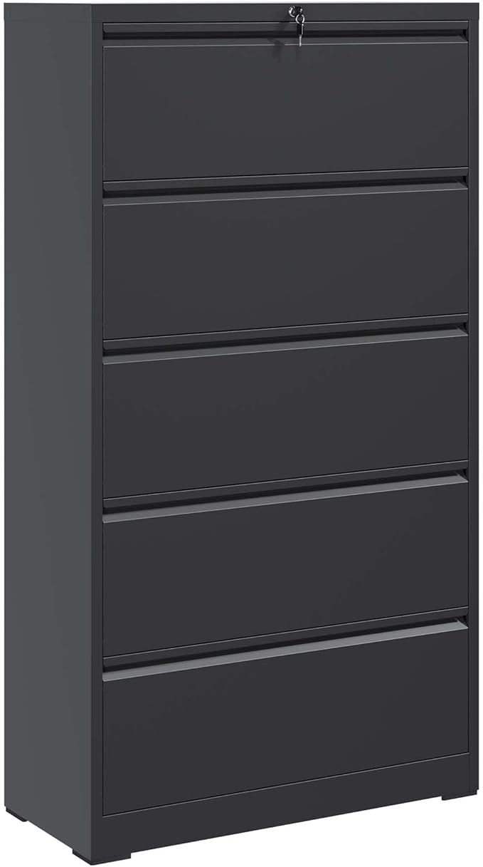 5 Drawer Small File Cabinet with Lock Under Desk Locking Storage Cabinet Organizer Filing Cabinets for Home OfficeBlack