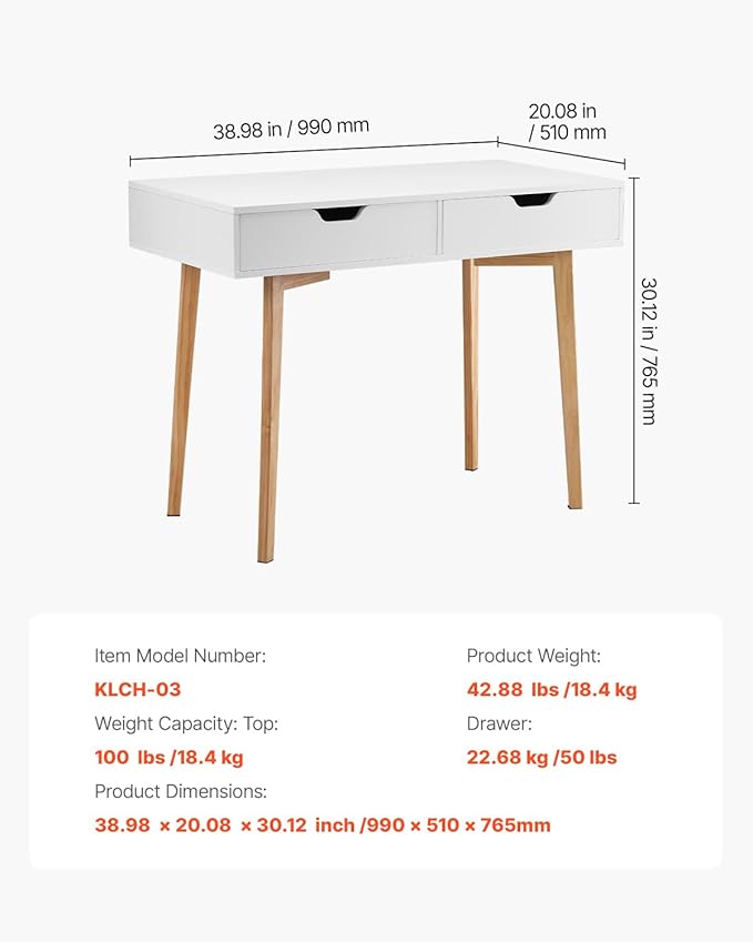 VEVOR Small Desk with Drawers Kids Desk for Bedroom Wooden Simple Study Table for Drawing Reading Writing Rectangle MDF Furniture Study Storage Table for Home Office White + Wood