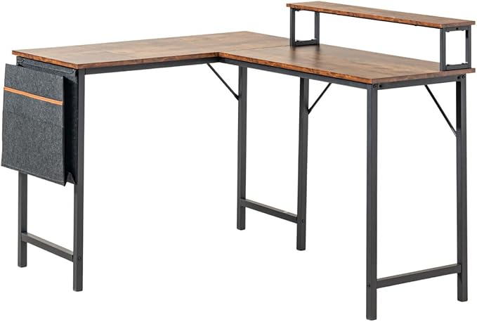 Homy Casa 48.8-Inch L-Shaped Computer Desk with Storage Bag and Desktop Rack – Durable Metal Frame Ample Storage Ideal for Home Office or Studio Use (Brown)
