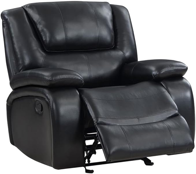 Pemberly Row Faux Leather Upholstered Glider Recliner Chair Black Manual Recline 38 H x 37.75 W x 38.25 D Plush Foam Cushions Padded Arms Wall Hugger Living Room or Den Seating