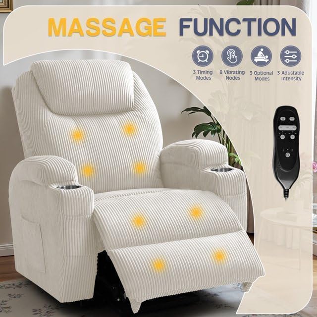 Furmax Electric Power Lift Recliner Chair with Massage for Elderly Corduroy Fabric Recliner Single Sofa with Cup Holders Side Pockets and Remote Control for Living Room Bedroom (White)
