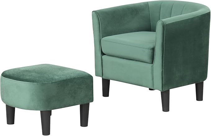 GOFLAME Accent Chair with Ottoman Modern Velvet Fabric Barrel Chair with Footrest Curved Backrest Removable Seat Cushion Upholstered Club Tub Sofa Reading Armchair for Living Room Bedroom Green