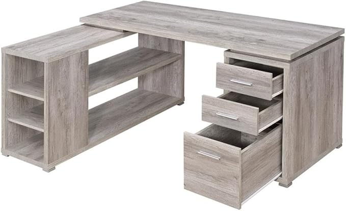 Pemberly Row L-Shaped Corner Storage Desk 60W x 47.25D x 29.5H Grey Driftwood Finish Engineered Wood 5 Shelves 3 Drawers Built-In File Cabinet for Letter/Legal Files Reversible Home Office