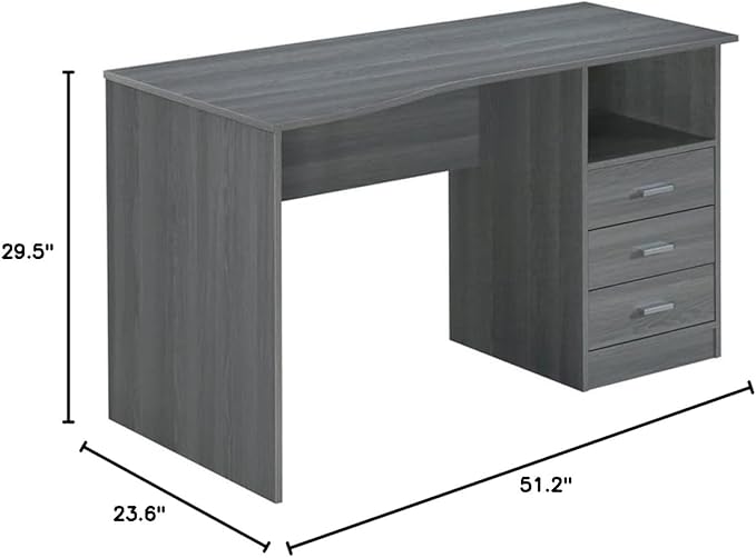 Pemberly Row Contemporary Writing Desk 51.25 in Wide Gray Finish Heavy-Duty Particle Board and Steel 3 Drawers Side Shelf Large Workstation or Drafting Table for Office or Home Use