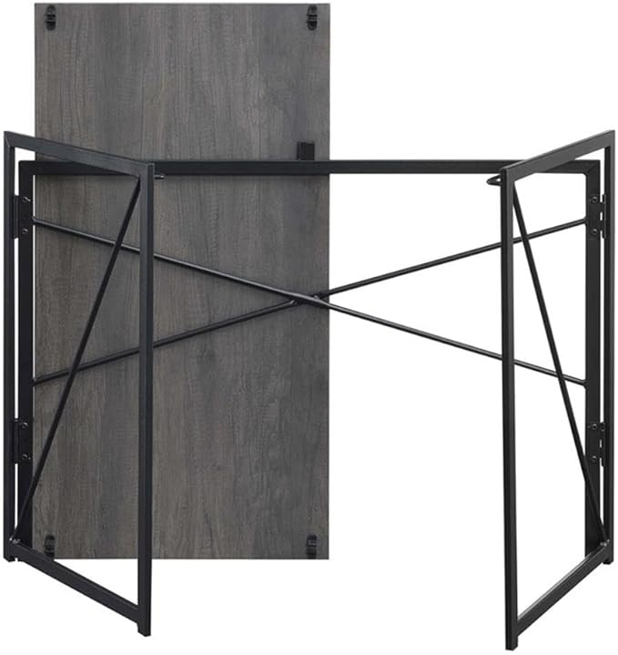Pemberly Row Folding Desk 39 in L x 19.75 in W x 29.5 in H Gray Wood Finish Black Powder-Coated Metal Frame Compact Particleboard Workspace Easy Assembly Home Office or Study Desk