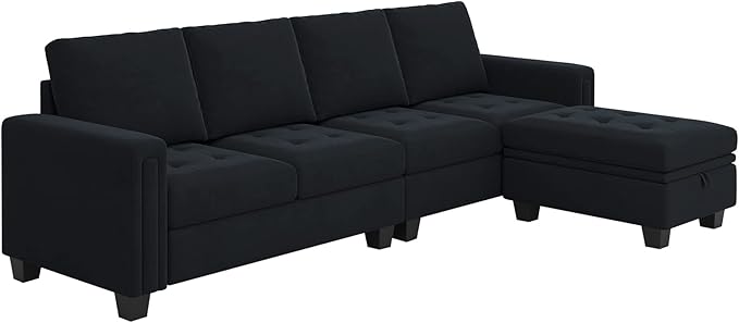 Belffin Velvet Reversible Sectional Sofa with Chaise Convertible L Shaped 4-seat Sectional Couch with Storage Ottoman Black