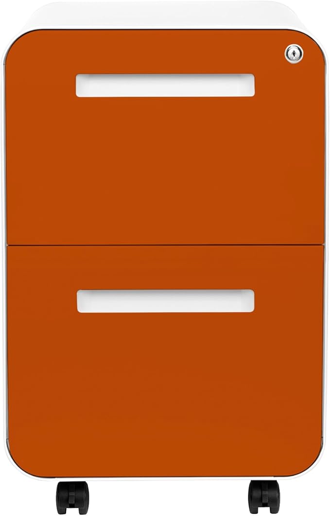 Laura Davidson Furniture Stockpile 2 Drawer Mobile File Cabinet with Lock - Under Desk Metal Filing Cabinet Legal/Letter File Folders Wheels and Stationary Feet Pre-Assembled White/Orange