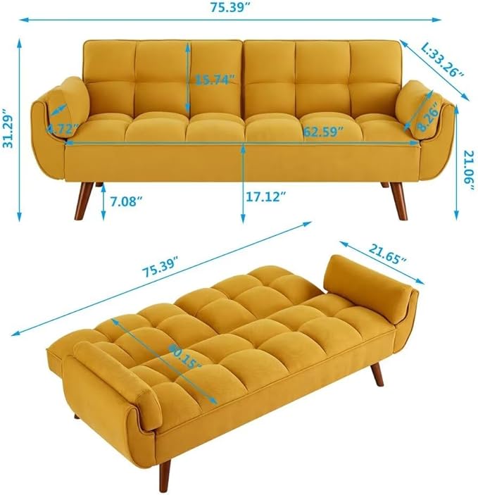 Convertible Sofa Bed Folding Loveseat Couch Modern Futon Recliner Sleeper with Adjustable Backrest Yellow