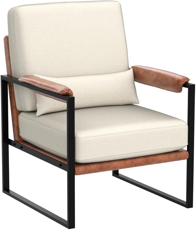 Karl home Mid-Century Accent Chair Linen Fabric Arm Chair with Metal Legs Thick Padded Sofa Chair Lounge Chair with Pillow for Living Room Bedroom Belcony Beige