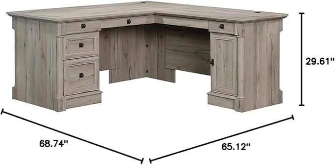 Pemberly Row 65 x 69 Contemporary Engineered Wood L-Shaped Desk with Storage Drawers Flip-Down Panel Grommet Holes for Home Office/Workspace in Split Oak Finish