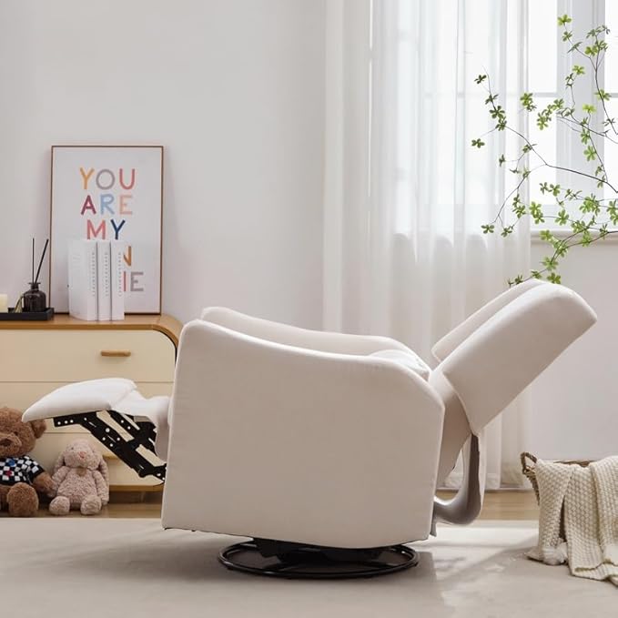 Polibi 29.5'' Wide Wingback Swivel Rocker Recliner Chair Rocking Chair with Head &amp Lumbar Support Modern Accent Chair for Living Room Beige + Linen