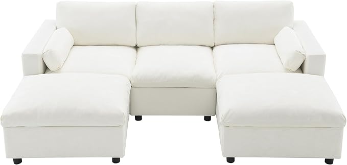 kevinplus 86.5'' Sectional Sofa Couch with Ottoman for Living Room Modern Contemporary 3-Seat Sectional Sofa Couch for Apartment Chenille Fabric Beige