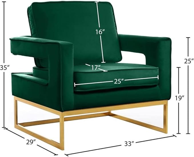 Pemberly Row Modern Accent Chair Green Velvet Upholstery Gold Iron Base 33 W x 29 D x 35 H Solid Wood Frame Padded High-Density Foam Cushion Stylish Living Room or Bedroom Seating