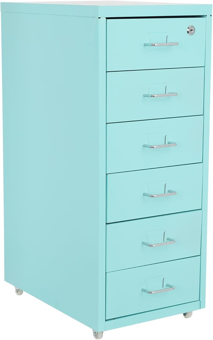 6 Drawer Mobile File CabinetVertical File Cabinet with Lock Metal Storage Cabinet for HomeOffice Horizontal Rolling Filing Cabinets for Letter/Legal/A4/F4 Hanging Files (Blue)
