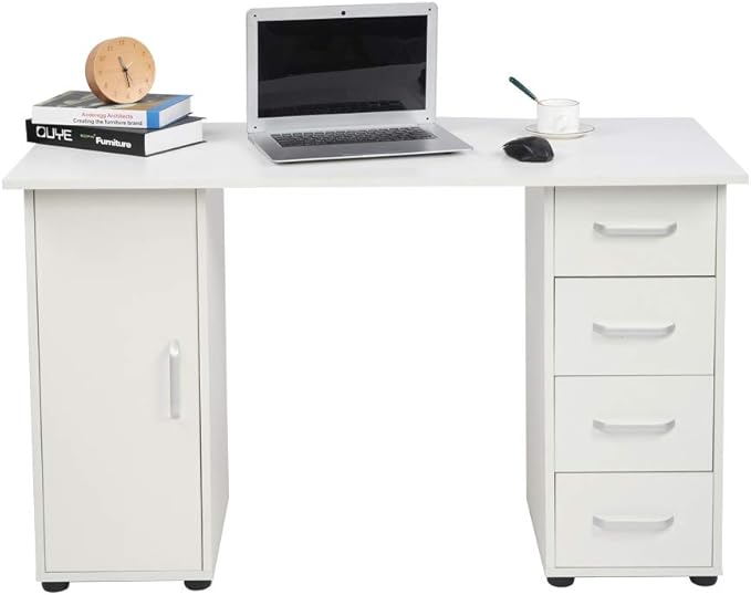 Rolling Computer Desk with Drawers and Storage Home Office Desk Modern Work Study Writing Table Desk for Small Spaces White Mobile Desk Desk on Wheels Computer Desk Laptop Table 120 x 54 x 74CM