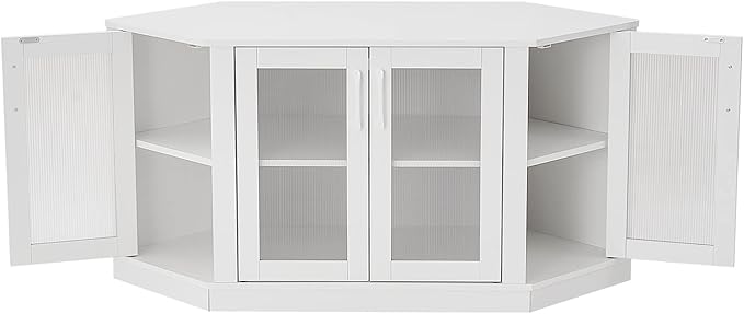 Panana Corner TV Stand - 47 Inch Media Console with 4 Doors and Shelves Living Room Storage for TVs up to 51 Inch (White)