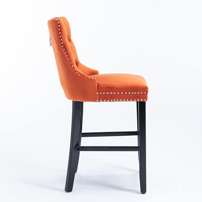 Modern Upholstered BarstoolsVelvet Bar ChairsSet of 2Wooden LegsLeisure Style Bar ChairsHigh Backrest ChairKitchen Island Chairs for CafesLiving RoomKitchenBarOrange