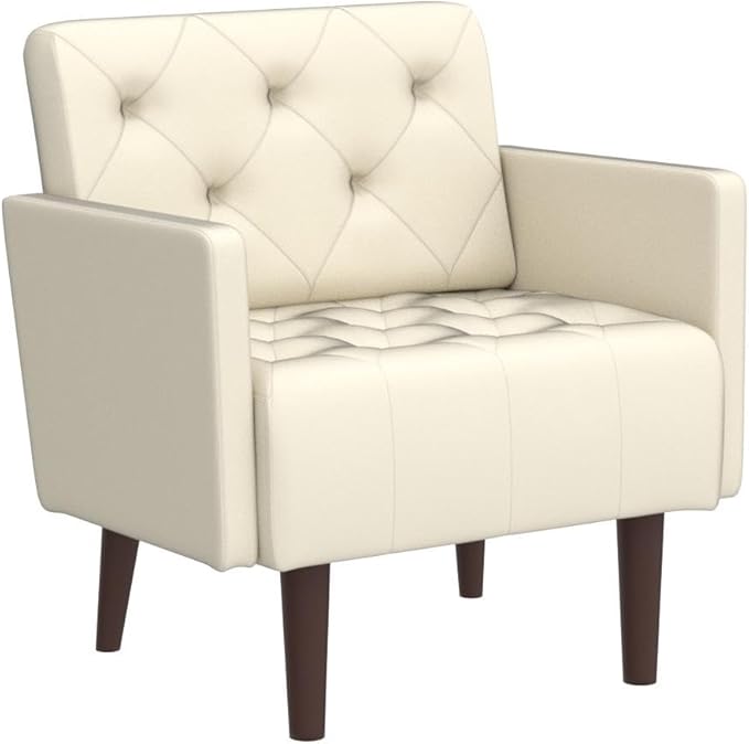 Leather Accent Chair Mid Century Modern PU Leather High Back Armchair for Living Room Chairs with Solid Wood Legs for Small Spaces Bedroom Office (White 29.1 x 25.6 x 31.1)
