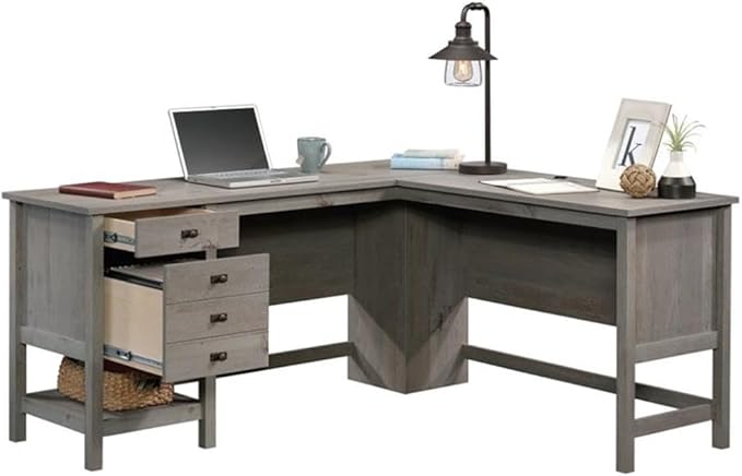 Pemberly Row L-Shaped Farmhouse Computer Desk 65.12 W x 58.66 D Engineered Wood Mystic Oak Finish 2 Drawers with Storage Cord Management Home Office Desk for Work or Study