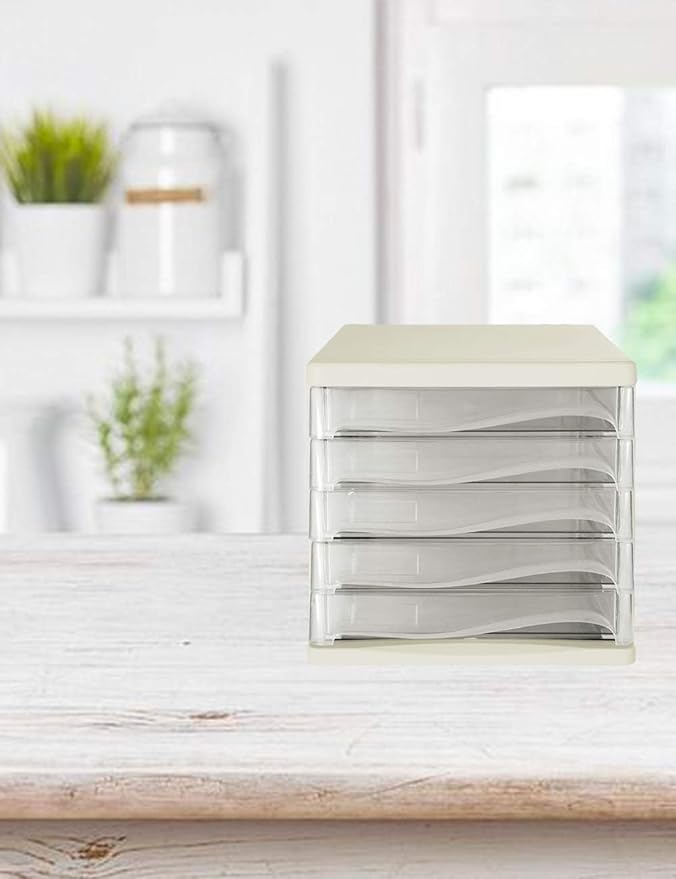 Office Filing Storage File Cabinets 5 Drawers Desktop Plastic File Cabinets Storage Box Home Office Cabinet Desktop Archive Storage Manager Office Supplies (Color:White)