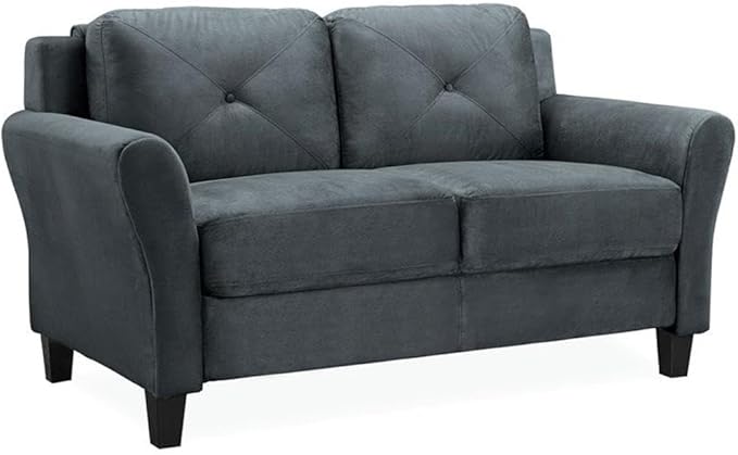 Hawthorne Collections Rolled Arm Microfiber Loveseat Dark Gray Upholstery Solid Wood Frame Button Tufted Back 56.3 in Wide Comfortable Sofa for Living Room or Small Spaces
