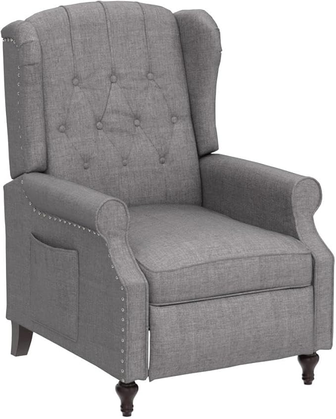 BINGTOO Push Back Recliner Chair with Massage and Heat Mid Century Tufted Fabric Wingback Chair with Rivet Decoration for Living Room Bedroom Gray 1 Chair