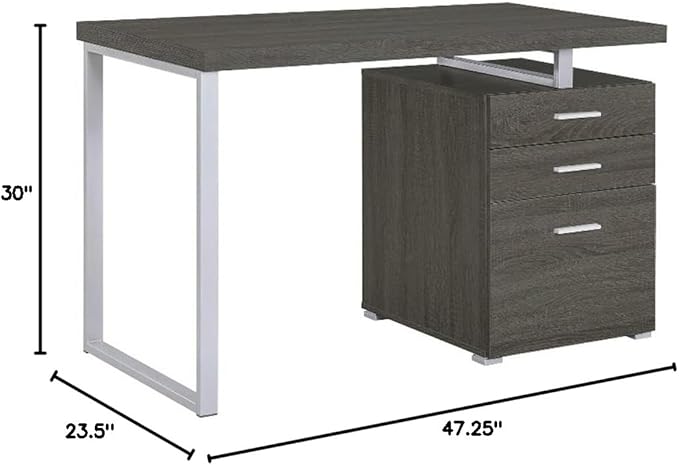 Pemberly Row 3-Drawer Office Desk Weathered Gray Wood and Silver Metal 47.25 W x 23.5 D x 30 H File Cabinet Contemporary Design Sleek Workspace for Home Office or Study Room