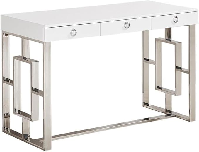 Best Master Furniture Barento 47 White Gloss Rectangular Computer Desk with 3 Drawers and Ring Handles Stainless Steel Sled Base Contemporary Office Desk for Home Study or Workspace (Silver)